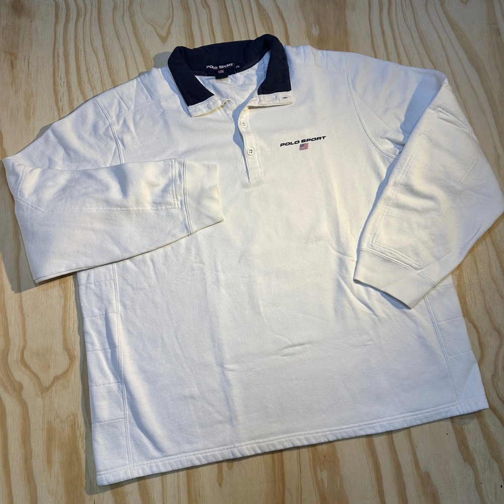 Polo Sport Men's Long Sleeve Rugby Polo Shirt White Vintage Flag Sweatshirt XXL